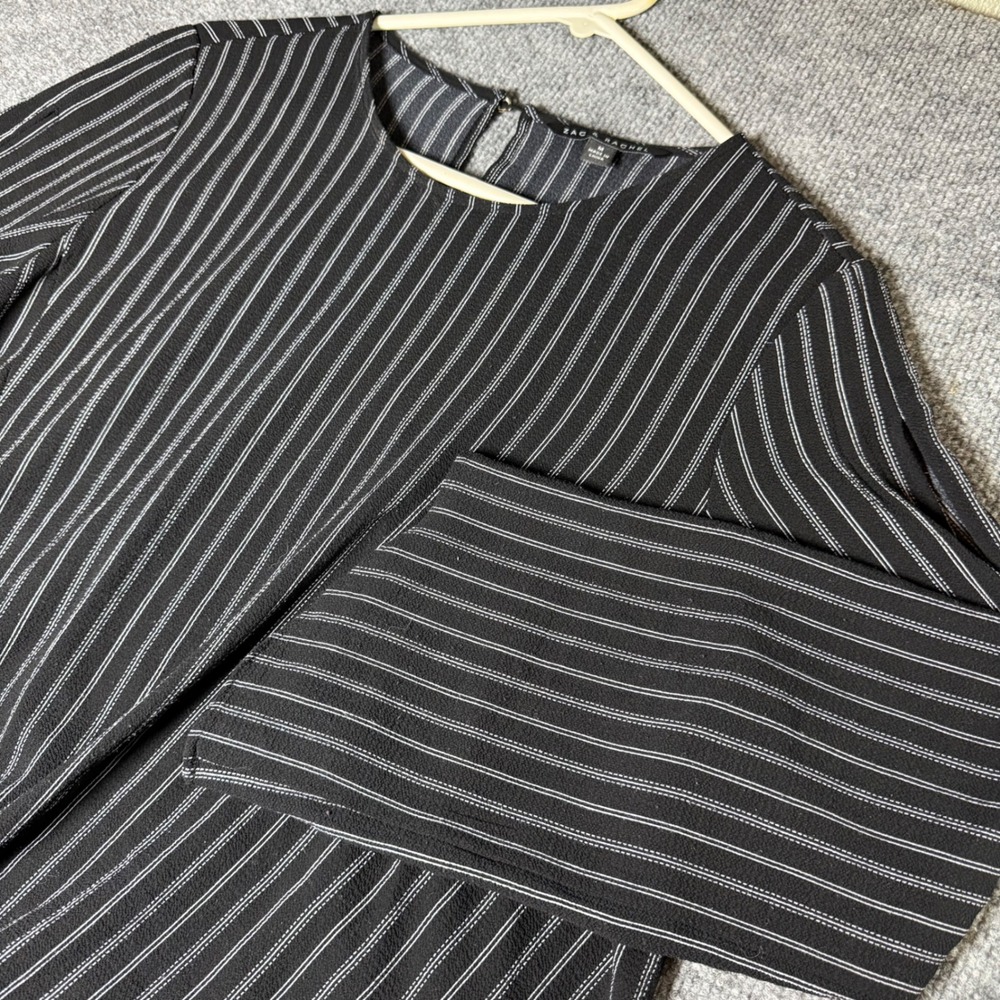 Zac & Rachel Womens Black White Striped Side Tie High Low Blouse M Long Sleeve